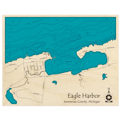 Bathymetric topo map of Eagle Harbor with roads, towns and depths noted in blue water