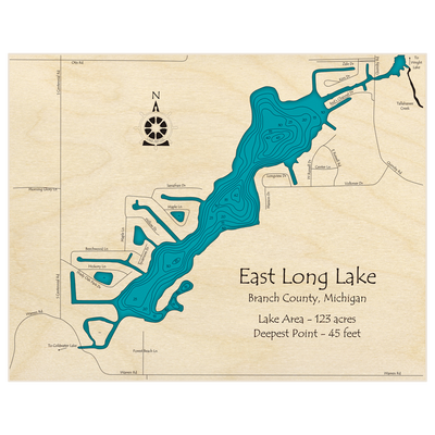 Bathymetric topo map of East Long Lake with roads, towns and depths noted in blue water