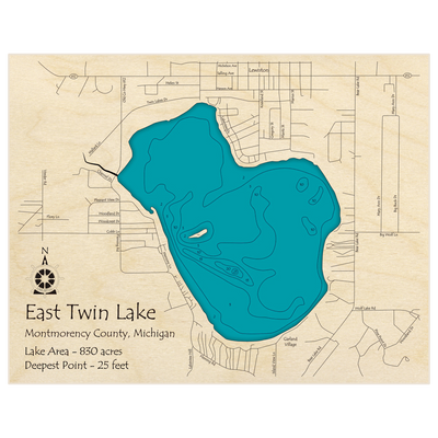 Bathymetric topo map of East Twin Lake with roads, towns and depths noted in blue water