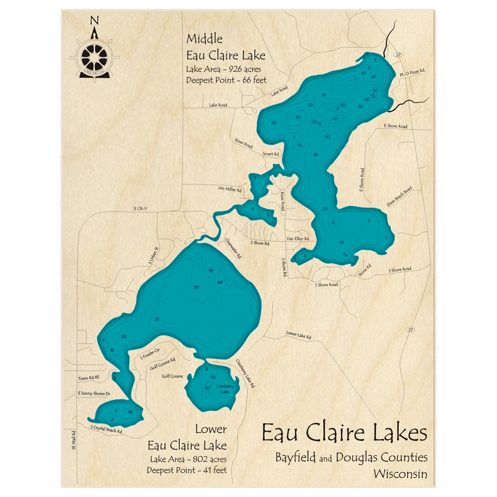 Bathymetric topo map of Middle and Lower Eau Claire Lakes with roads, towns and depths noted in blue water