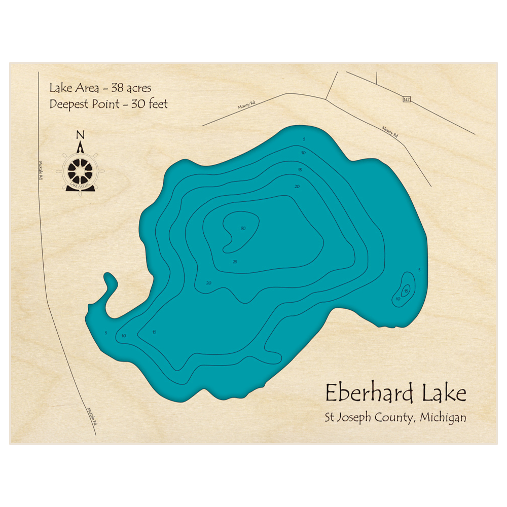 Bathymetric topo map of Eberhard Lake with roads, towns and depths noted in blue water