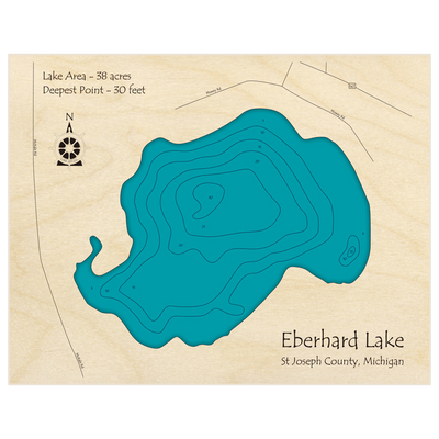 Bathymetric topo map of Eberhard Lake with roads, towns and depths noted in blue water