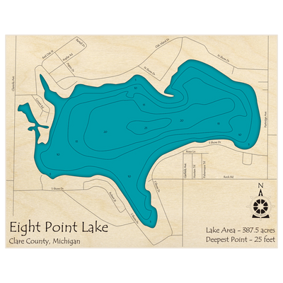 Bathymetric topo map of Eight Point Lake with roads, towns and depths noted in blue water