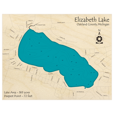 Bathymetric topo map of Elizabeth Lake with roads, towns and depths noted in blue water