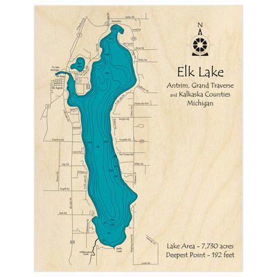 Bathymetric topo map of Elk Lake with roads, towns and depths noted in blue water