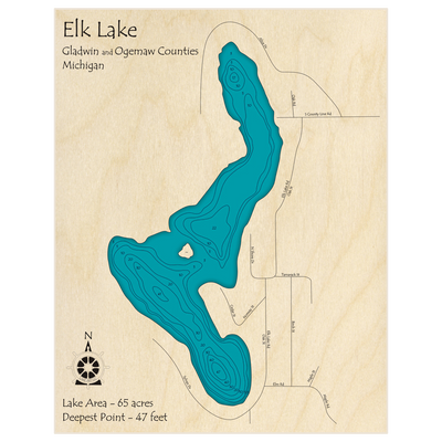 Bathymetric topo map of Elk Lake with roads, towns and depths noted in blue water