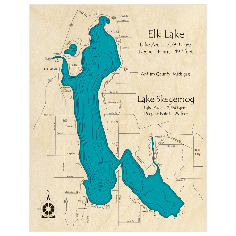Bathymetric topo map of Elk Lake (With Lake Skegemog) with roads, towns and depths noted in blue water