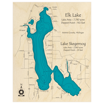 Bathymetric topo map of Elk Lake (With Lake Skegemog) with roads, towns and depths noted in blue water