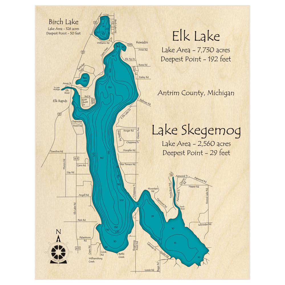 Bathymetric topo map of Elk Lake (With Lake Skegemog and Birch Lake) with roads, towns and depths noted in blue water