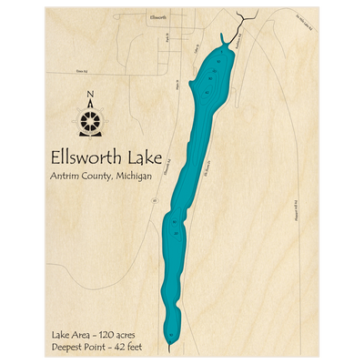 Bathymetric topo map of Ellsworth Lake with roads, towns and depths noted in blue water