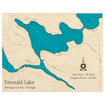 Bathymetric topo map of Emerald Lake with roads, towns and depths noted in blue water