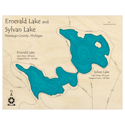 Bathymetric topo map of Emerald Lake (With Sylvan Lake) with roads, towns and depths noted in blue water