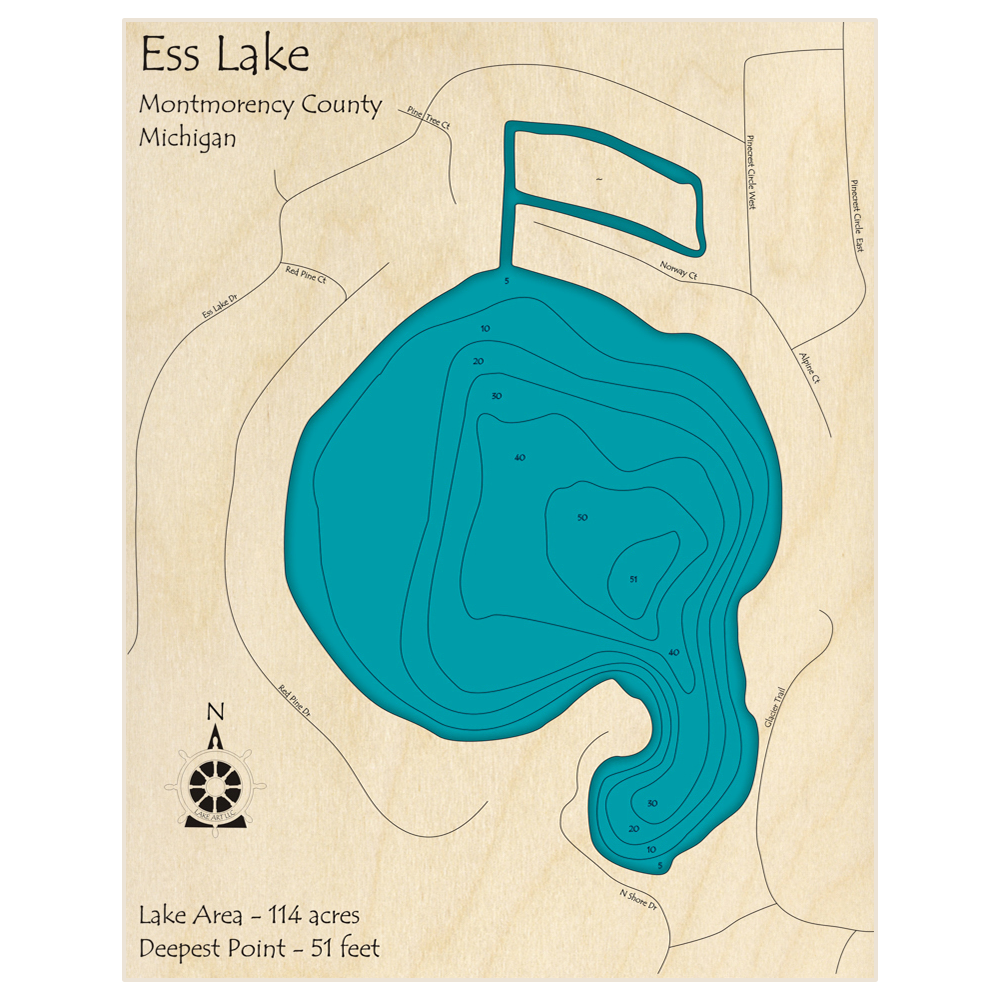 Bathymetric topo map of Ess Lake with roads, towns and depths noted in blue water