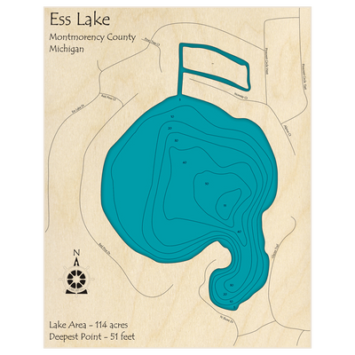 Bathymetric topo map of Ess Lake with roads, towns and depths noted in blue water
