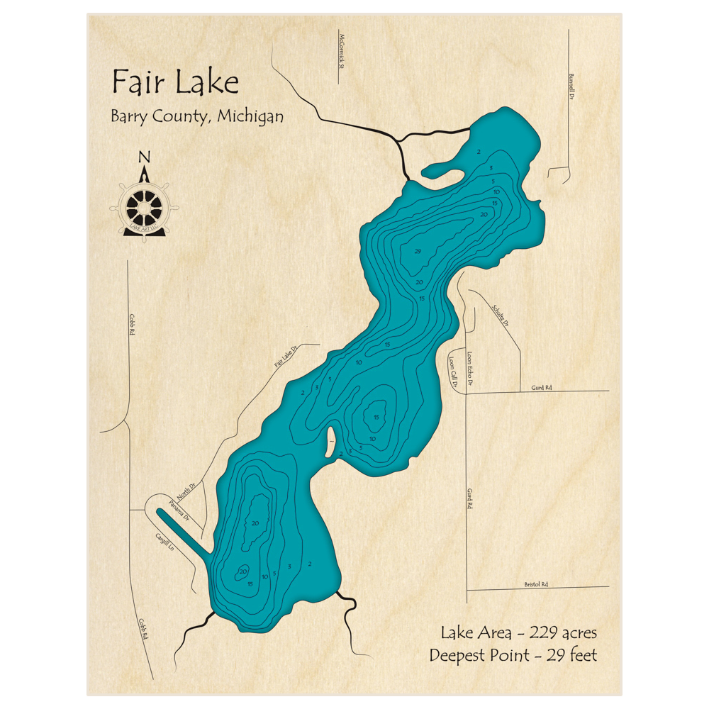 Bathymetric topo map of Fair Lake with roads, towns and depths noted in blue water