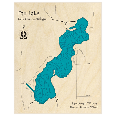 Bathymetric topo map of Fair Lake with roads, towns and depths noted in blue water