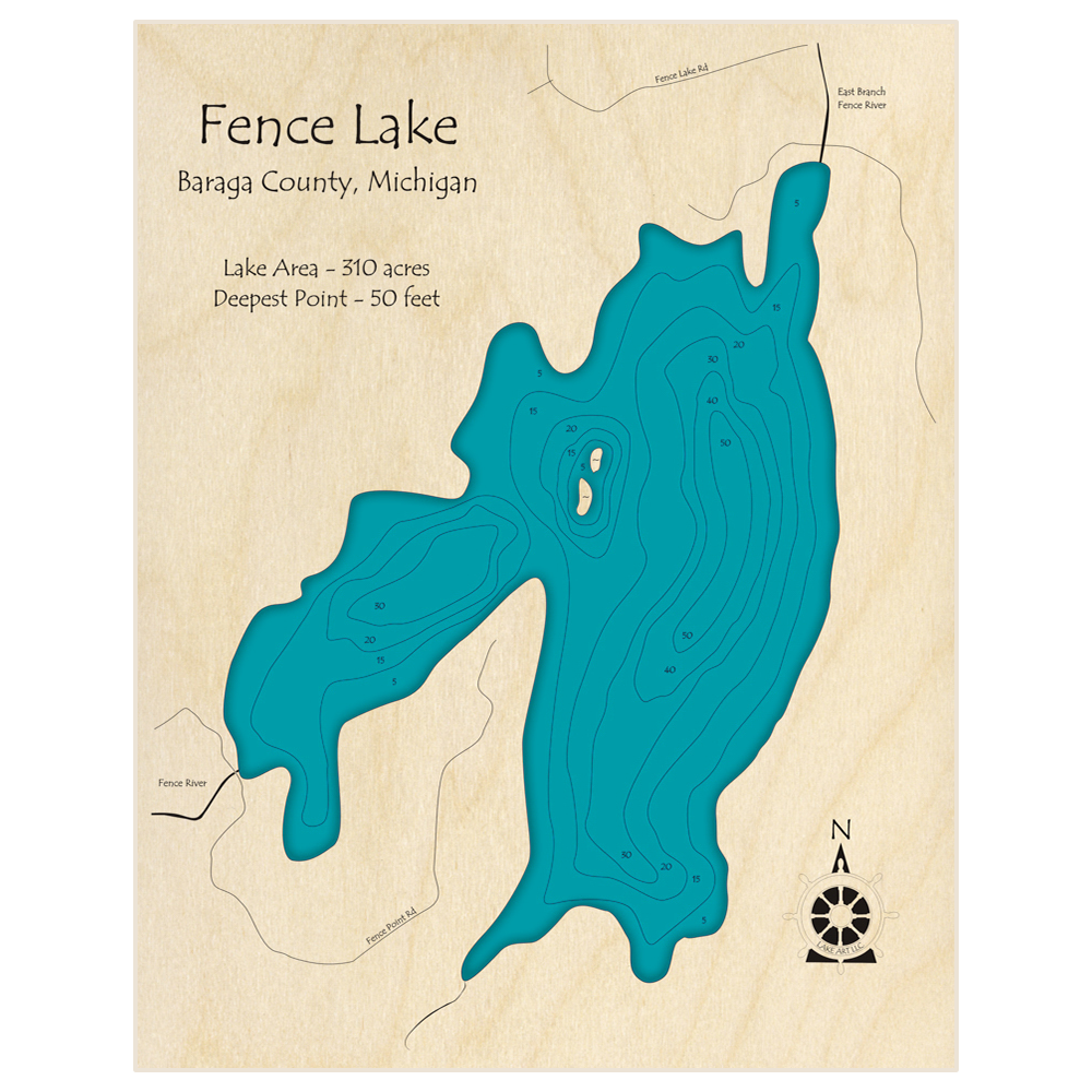Bathymetric topo map of Fence Lake with roads, towns and depths noted in blue water