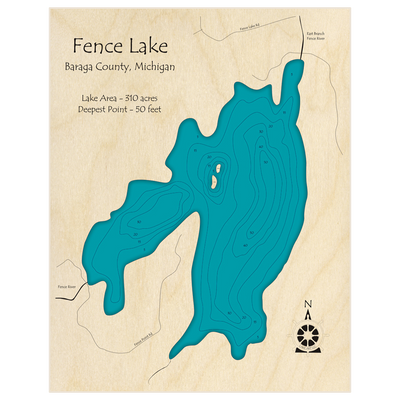 Bathymetric topo map of Fence Lake with roads, towns and depths noted in blue water