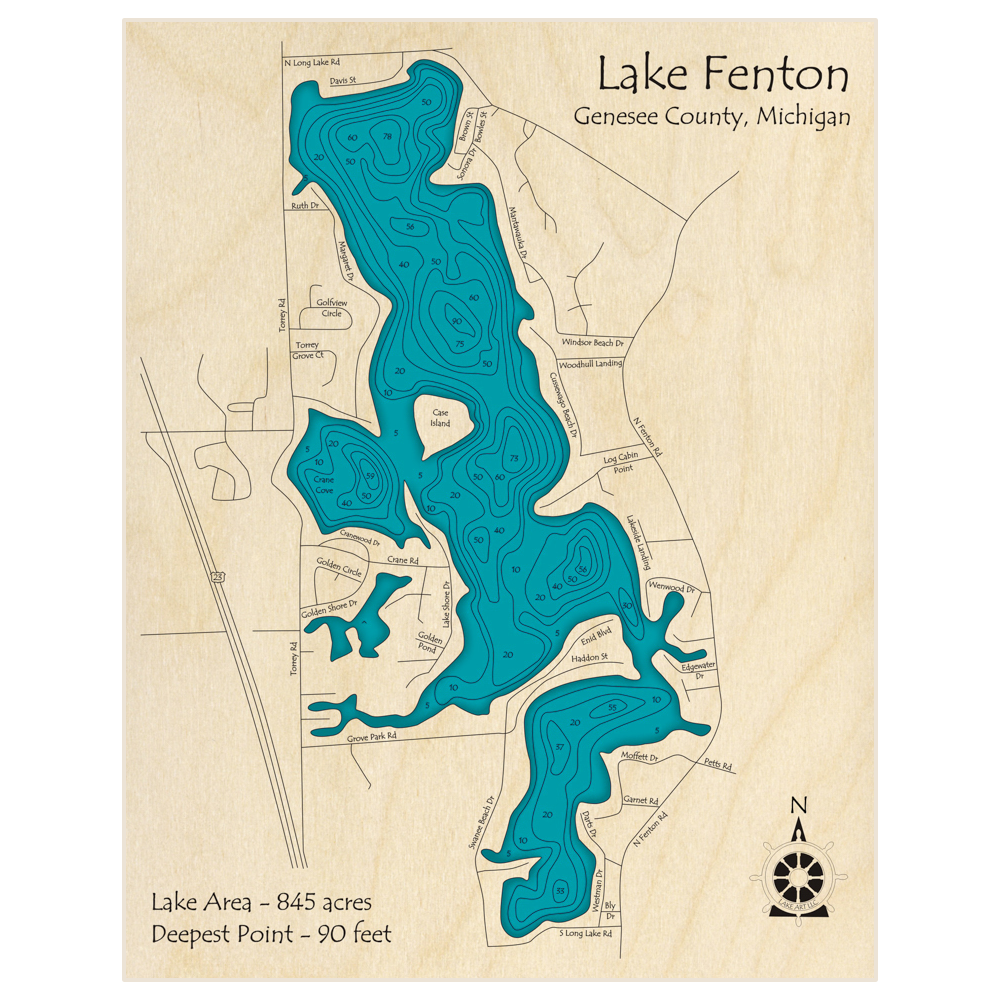 Bathymetric topo map of Lake Fenton with roads, towns and depths noted in blue water