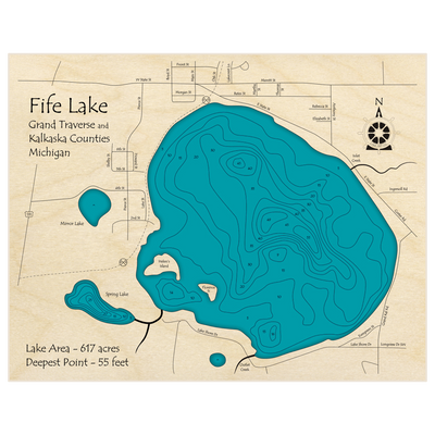 Bathymetric topo map of Fife Lake with roads, towns and depths noted in blue water
