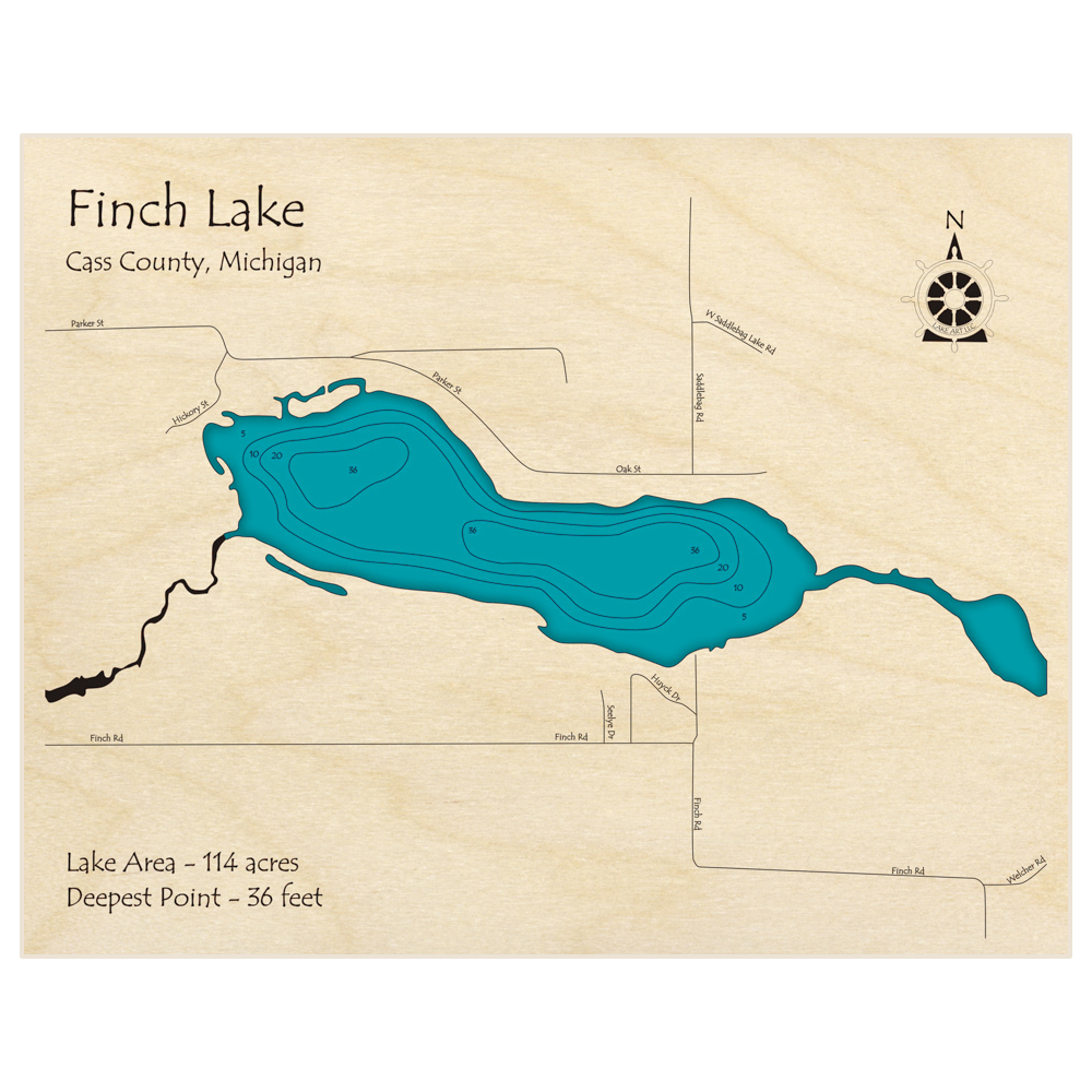Bathymetric topo map of Finch Lake with roads, towns and depths noted in blue water