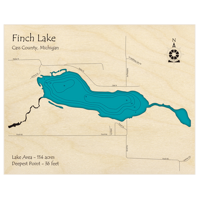 Bathymetric topo map of Finch Lake with roads, towns and depths noted in blue water