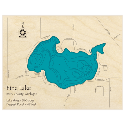 Bathymetric topo map of Fine Lake with roads, towns and depths noted in blue water