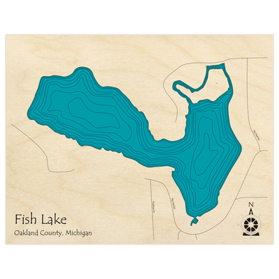 Bathymetric topo map of Fish Lake  with roads, towns and depths noted in blue water