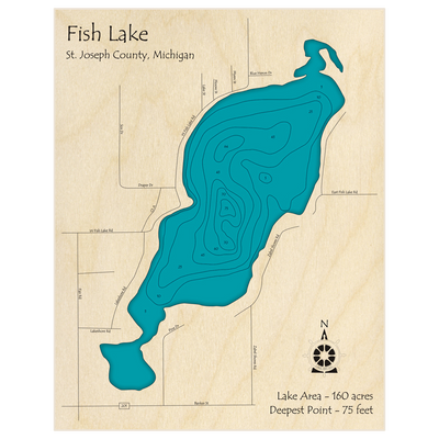 Bathymetric topo map of Fish Lake (Between Sturgis and Centreville) with roads, towns and depths noted in blue water