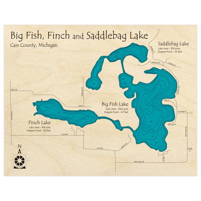 Bathymetric topo map of Fish Lake (With Finch and Saddlebag Lakes) with roads, towns and depths noted in blue water