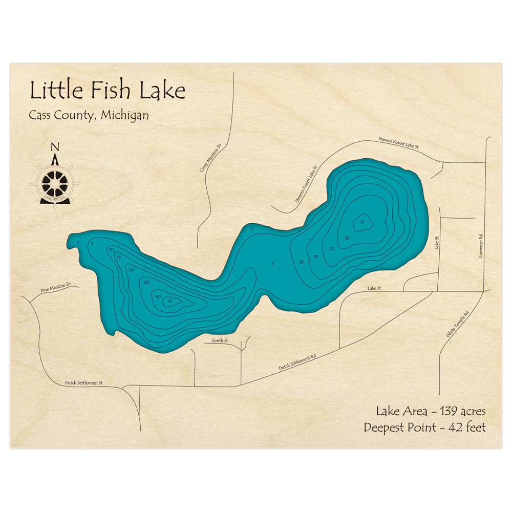 Bathymetric topo map of Little Fish Lake with roads, towns and depths noted in blue water