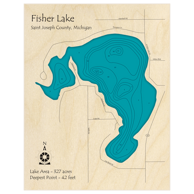 Bathymetric topo map of Fisher Lake with roads, towns and depths noted in blue water