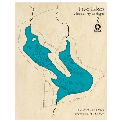 Bathymetric topo map of Five Lakes with roads, towns and depths noted in blue water