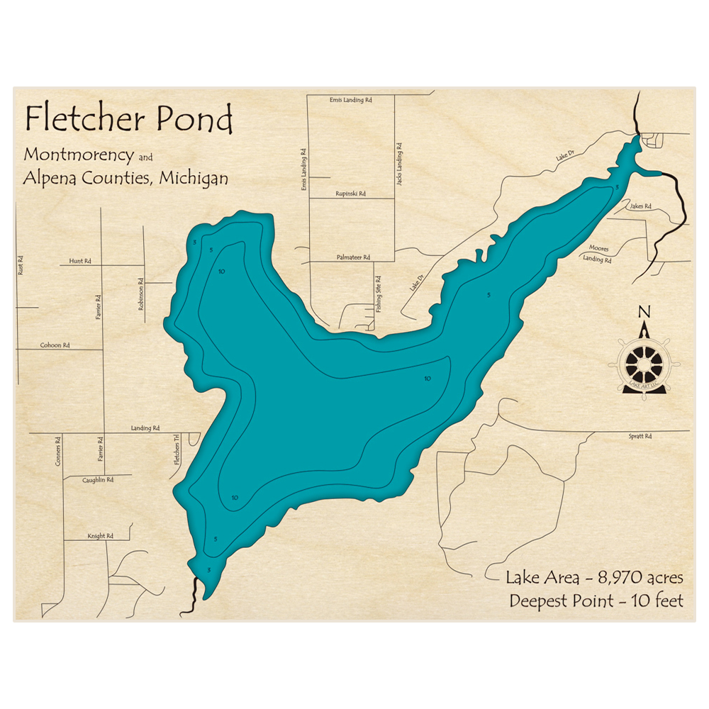 Bathymetric topo map of Fletcher Pond with roads, towns and depths noted in blue water
