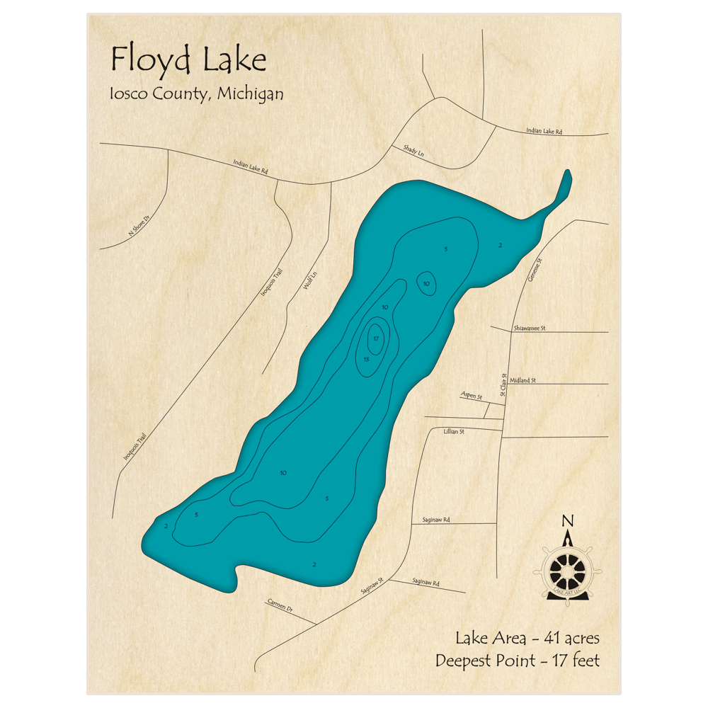 Bathymetric topo map of Floyd Lake with roads, towns and depths noted in blue water