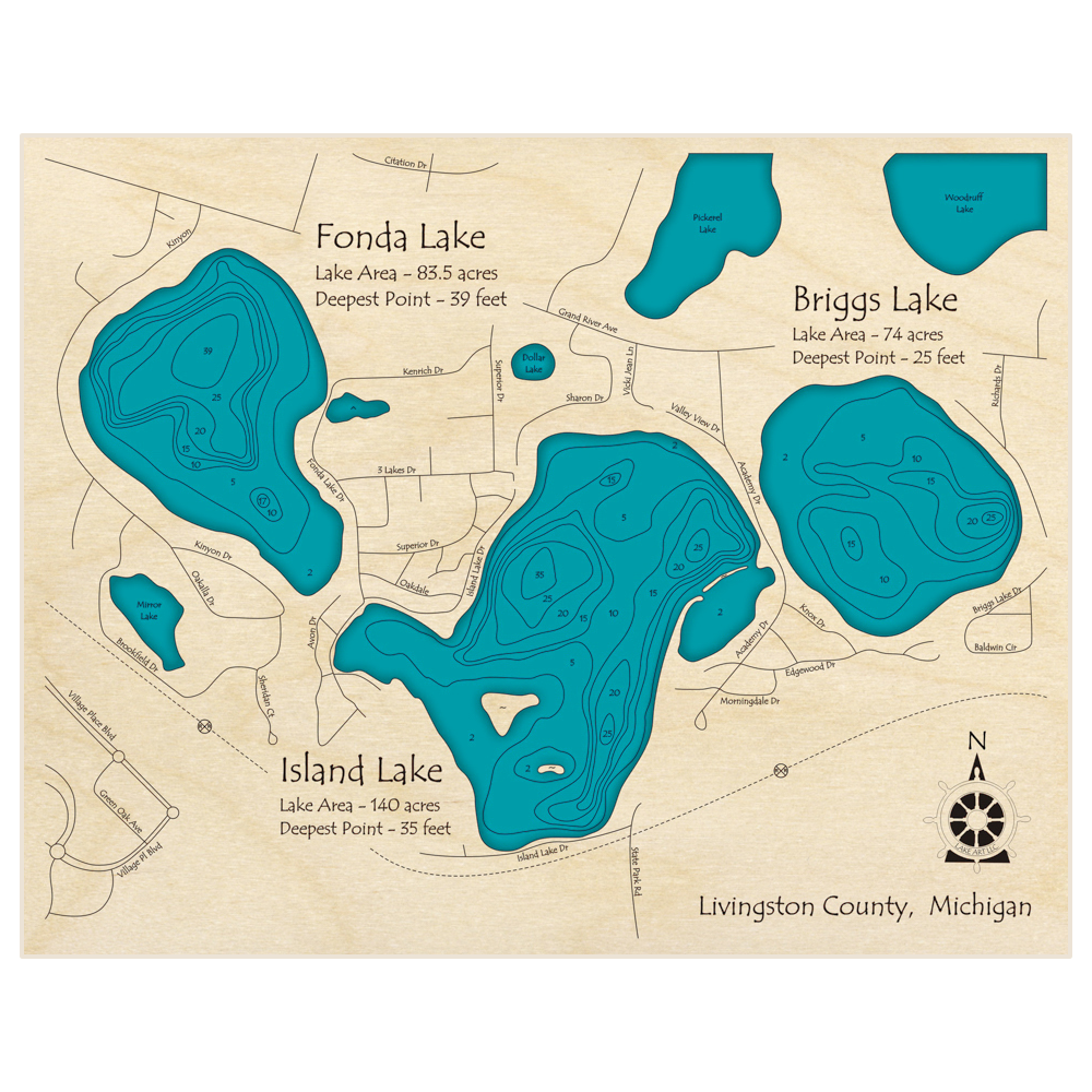 Bathymetric topo map of Fonda with Briggs and Island Lakes with roads, towns and depths noted in blue water