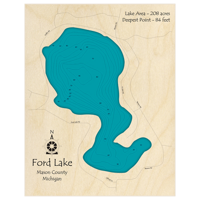 Bathymetric topo map of Ford Lake with roads, towns and depths noted in blue water