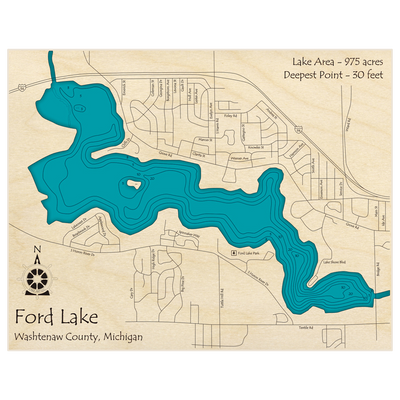 Bathymetric topo map of Ford Lake with roads, towns and depths noted in blue water