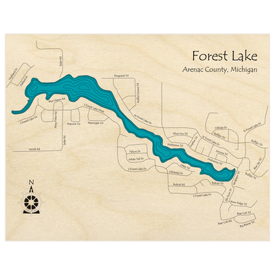 Bathymetric topo map of Forest Lake  with roads, towns and depths noted in blue water