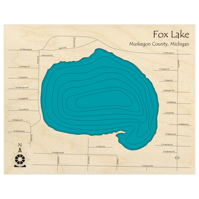 Bathymetric topo map of Fox Lake  with roads, towns and depths noted in blue water