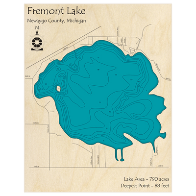 Bathymetric topo map of Fremont Lake with roads, towns and depths noted in blue water