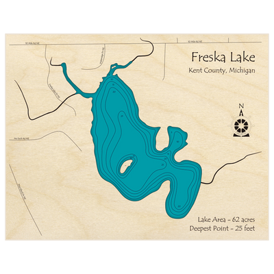 Bathymetric topo map of Freska Lake with roads, towns and depths noted in blue water