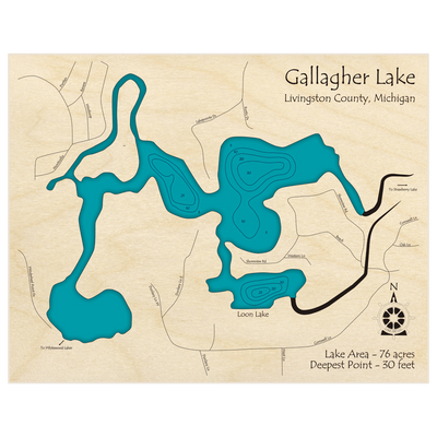 Bathymetric topo map of Gallagher Lake with roads, towns and depths noted in blue water