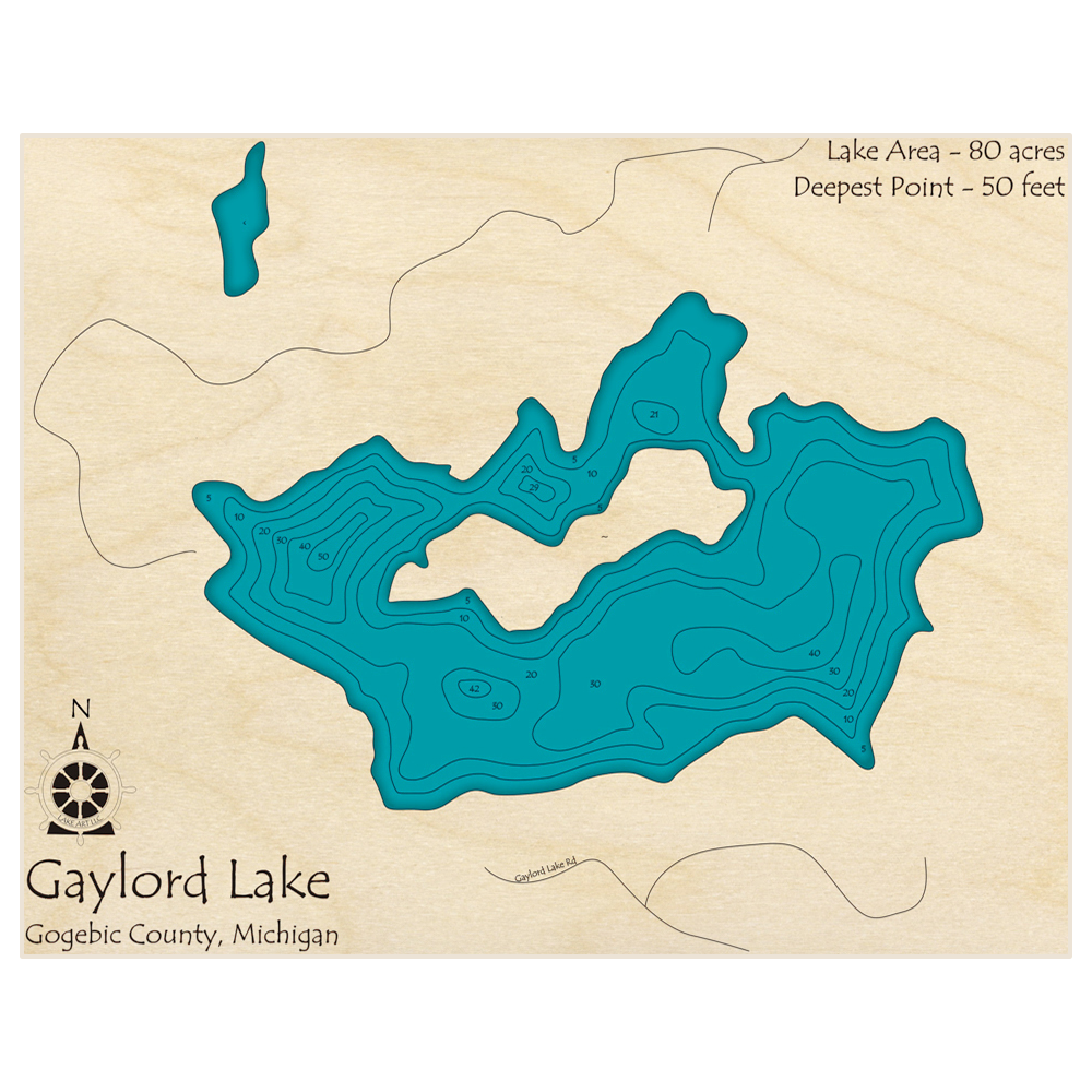 Bathymetric topo map of Gaylord Lake with roads, towns and depths noted in blue water