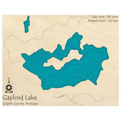 Bathymetric topo map of Gaylord Lake with roads, towns and depths noted in blue water