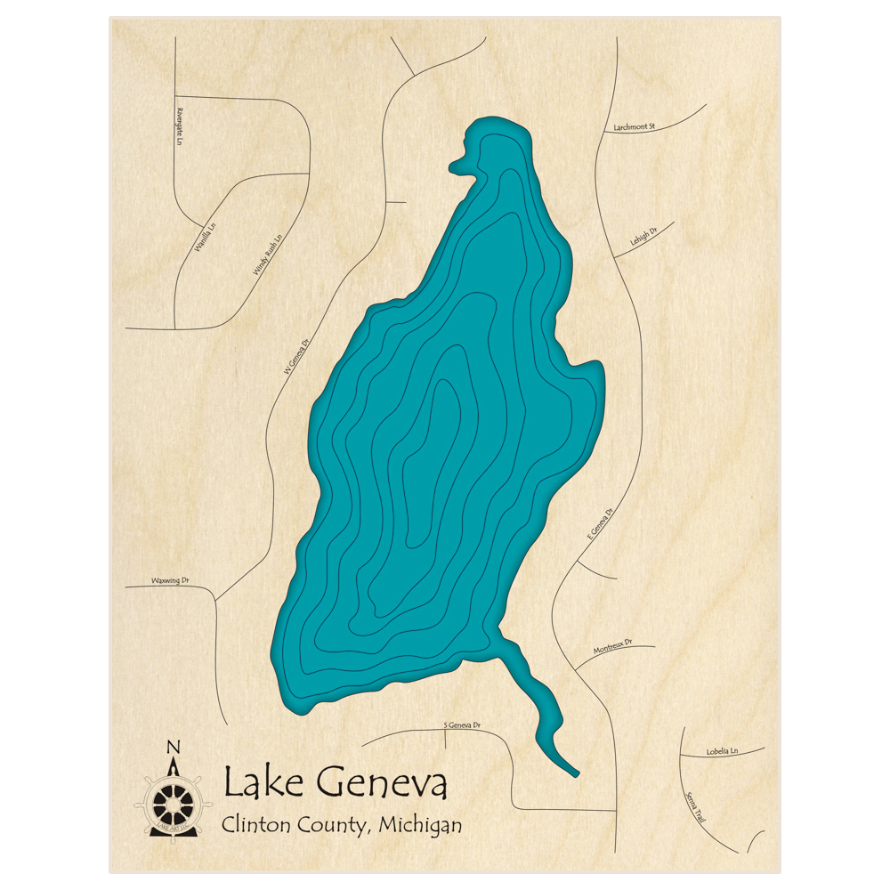 Bathymetric topo map of Lake Geneva  with roads, towns and depths noted in blue water