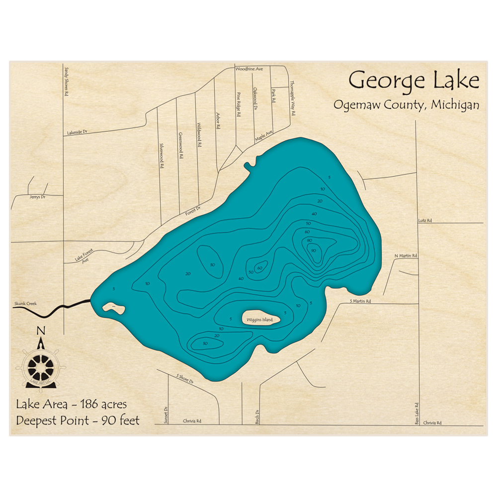Bathymetric topo map of George Lake (Hill Township near Lupton) with roads, towns and depths noted in blue water