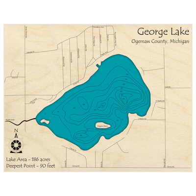 Bathymetric topo map of George Lake (Hill Township near Lupton) with roads, towns and depths noted in blue water