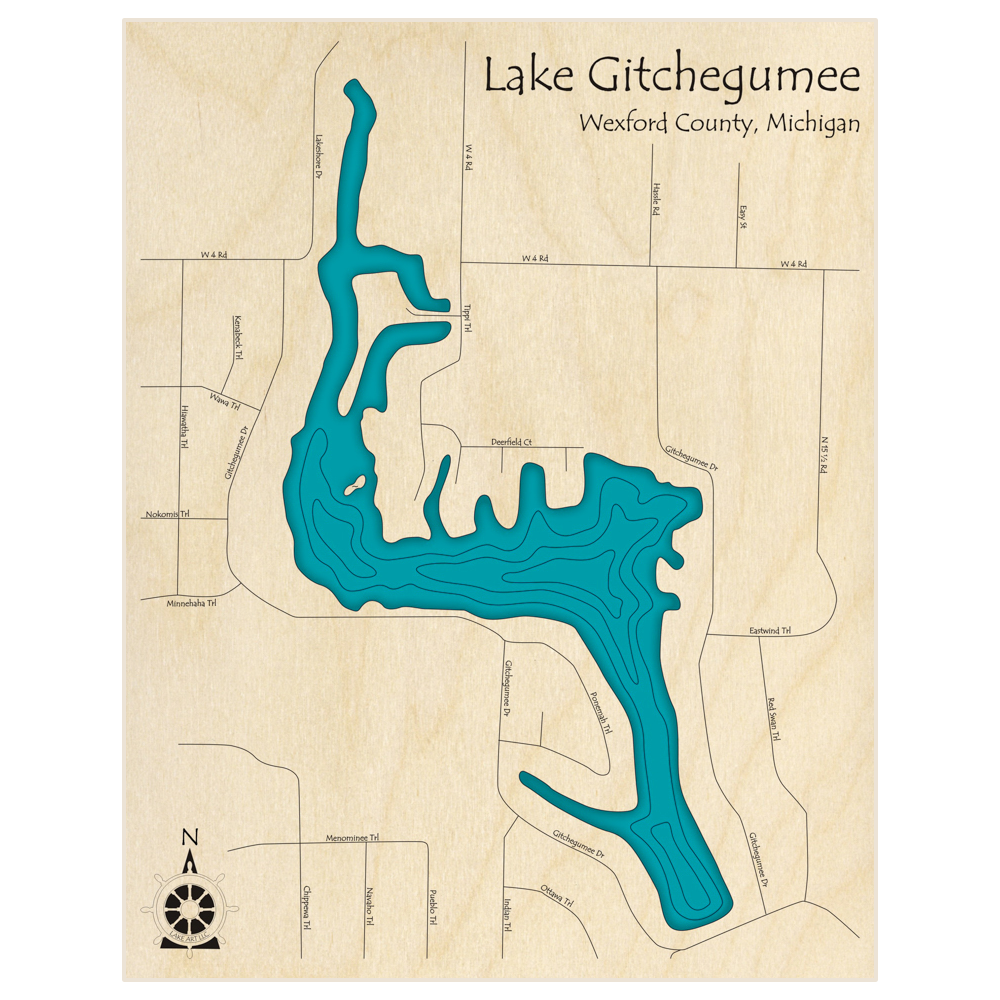 Bathymetric topo map of Lake Gitchegumee  with roads, towns and depths noted in blue water