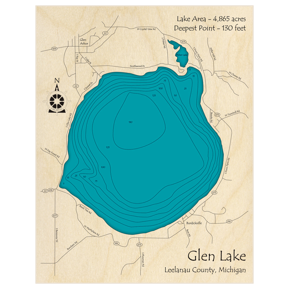 Bathymetric topo map of Glen Lake (big lake only) with roads, towns and depths noted in blue water